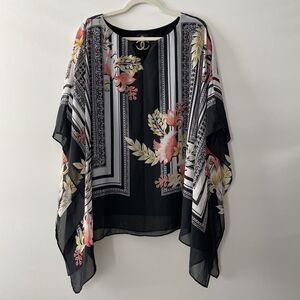 JM Collection Floral Border Print Poncho Blouse Black Woven Size L-C